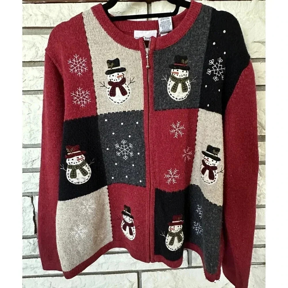croft & barrow Red, Black, Gray, Cream Snowman Patchwork Zip Cardigan